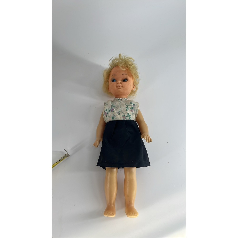 Vintage Plastic Doll Blonde Hair Blue Eyes Floral Dress Sleepy Eye Doll